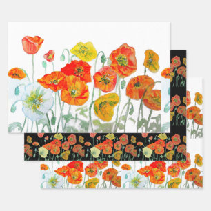 Orangerotes Mohnblumenmuster Aquarell Geschenkpapier Set