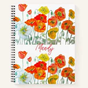 Orangerotes Mohnblumenmuster Aquarell Notizbuch