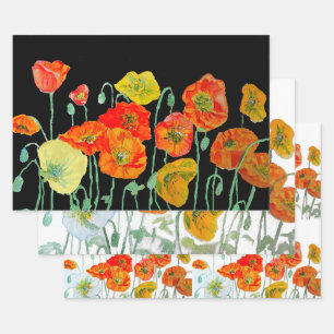 Orangerotes Mohnblumenmuster Wasserfarbe Geschenkpapier Set