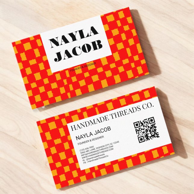 Orangerotes Schachbrettmuster QR-Code Handmade Visitenkarte (Von Creator hochgeladen)