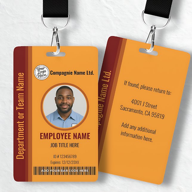 Oranges, anpassbares Firmenausweisabzeichen mit Fo Ausweis (Orange Customizable Company ID Badge with Photo)