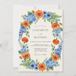 Oranges Blaue Lebendige Wildblumenhochzeit Einladung