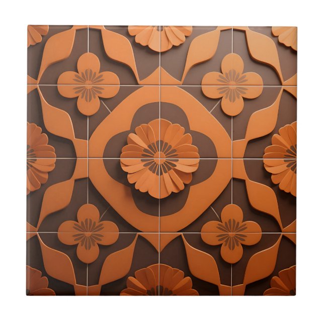 Oranges Blumenmedaillon geometrisches Fliesenmuste Fliese (Vorderseite)