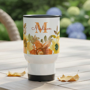 Oranges Blumenmonogramm Namensgeschenk Reisebecher