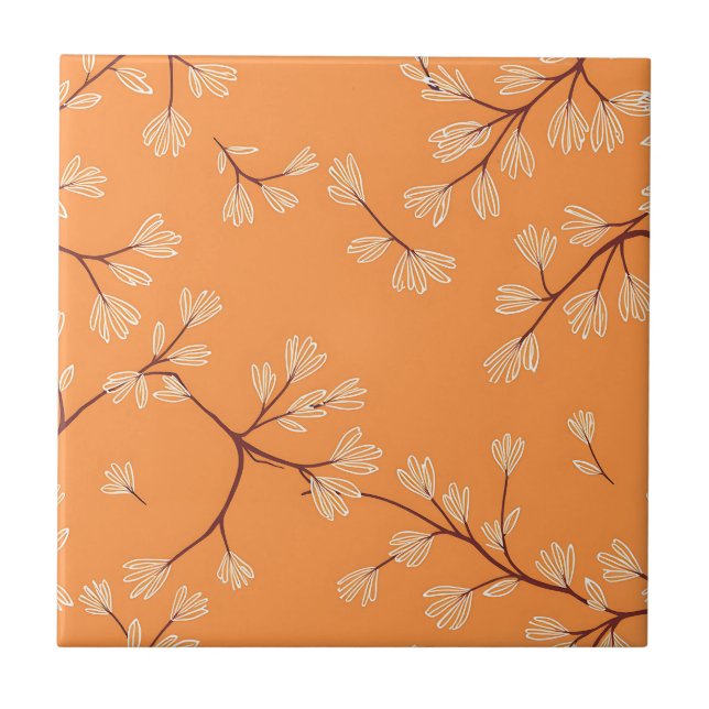 Oranges botanisches Muster weiße handgezeichnete Z Fliese (Vorderseite)
