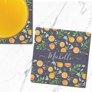 Oranges Citrus Sommer Floral Botanisches Muster Steinuntersetzer