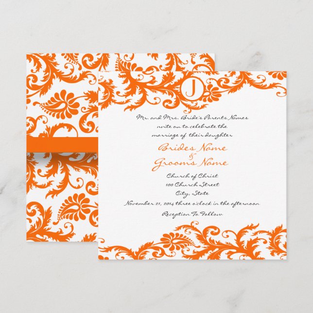 Oranges Damast-Monogramm-Hochzeits-Einladung Einladung (Vorne/Hinten)