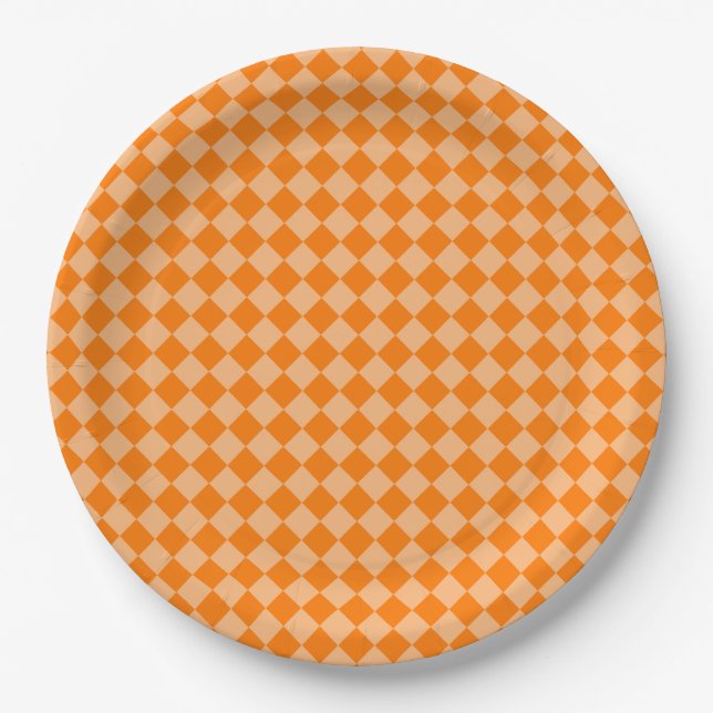 Oranges Diamantmuster mit Schachbrettmuster Pappteller (Vorderseite)