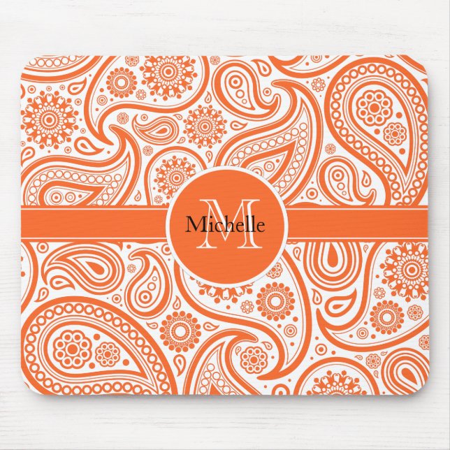 Oranges florales Paisley-Monogramm-Muster Mousepad (Vorne)