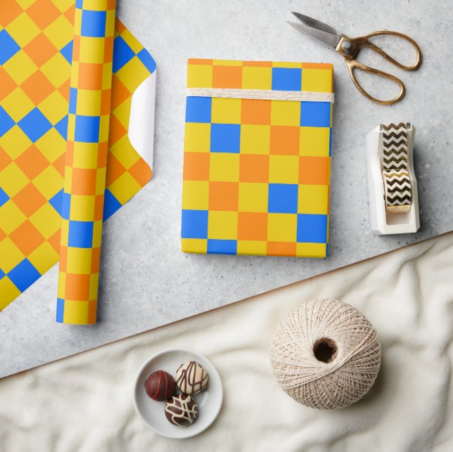 Oranges Gelbes Blaues Karomuster-Design  Geschenkpapier (Kunsthandwerk)