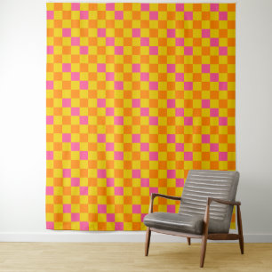 Oranges Gelbes Rosa Kariertes Musterdesign Wandteppich