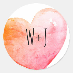 Oranges Herz-Monogramm mit Wasserfarbeneffekt in R Runder Aufkleber