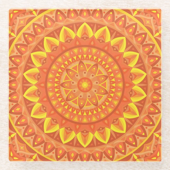 Oranges Mandala-Warm-Boho-Muster Lebendiges Design Glasuntersetzer (Vorderseite)