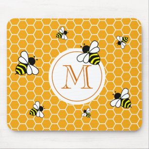 Oranges Monogramm Bienen Wabenmuster Mousepad