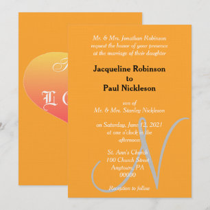 Oranges Monogramm Sonnenuntergangs-Herz Einladung