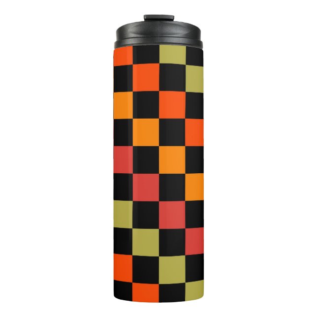 Oranges Schwarz kariertes Gingham-Muster Thermosbecher (Vorderseite)