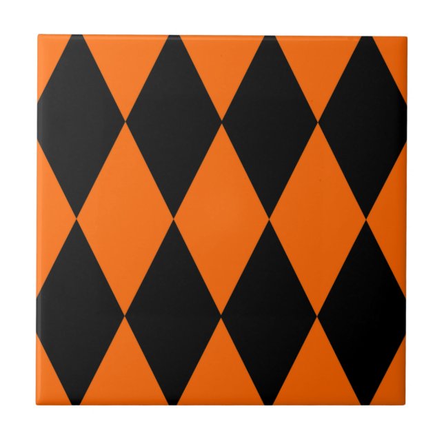 Oranges Schwarzes Harlekin-Diamant-Schachbrettmust Fliese (Vorderseite)