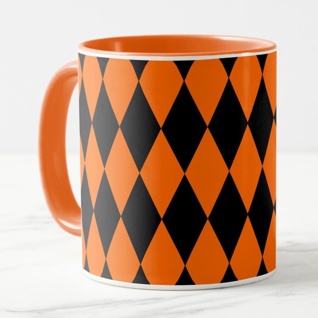 Oranges Schwarzes Harlekin-Diamant-Schachbrettmust Tasse (Von Creator hochgeladen)