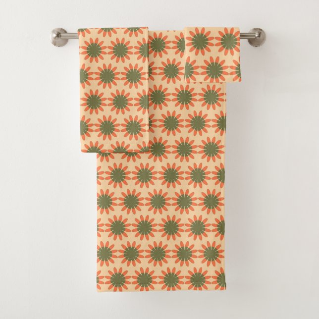 Oranges und grünes Retro-Blumenmuster Badhandtuch Set (Insitu)