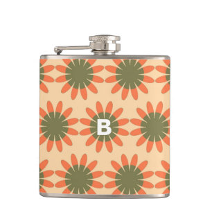 Oranges und grünes Retro-Blumenmuster-Monogramm Flachmann
