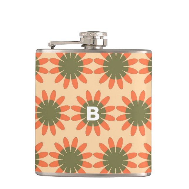 Oranges und grünes Retro-Blumenmuster-Monogramm Flachmann (Vorderseite)