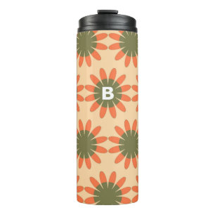 Oranges und grünes Retro-Blumenmuster-Monogramm Thermosbecher