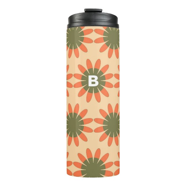 Oranges und grünes Retro-Blumenmuster-Monogramm Thermosbecher (Vorderseite)