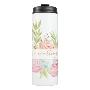 Oranges und rosa Aquarell florale personalisiert Thermosbecher