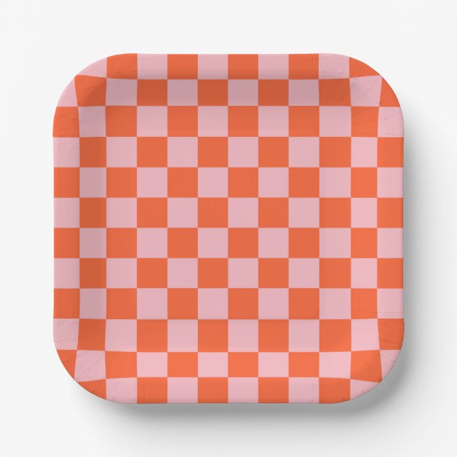 Oranges und rosa Schachbrettmuster Pappteller (Vorderseite)