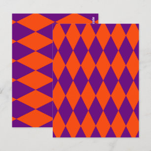 Oranges und violettes Harlekin-Karomuster Design Postkarte
