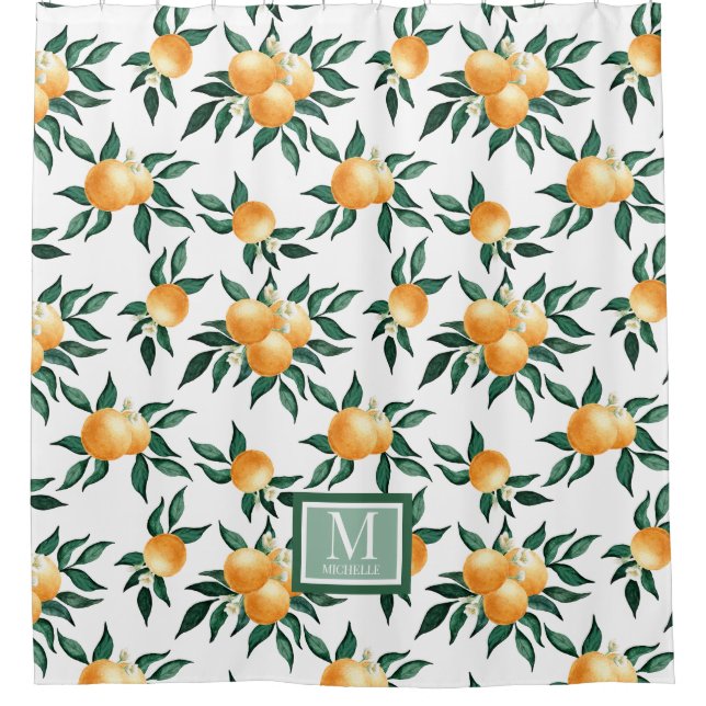 Oranges Wasserfarben-Monogramm-Name Duschvorhang (Vorderseite)