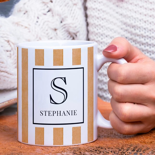 Oranges Wasserfarben-Streifenmuster Monogramm & Na Kaffeetasse (Von Creator hochgeladen)