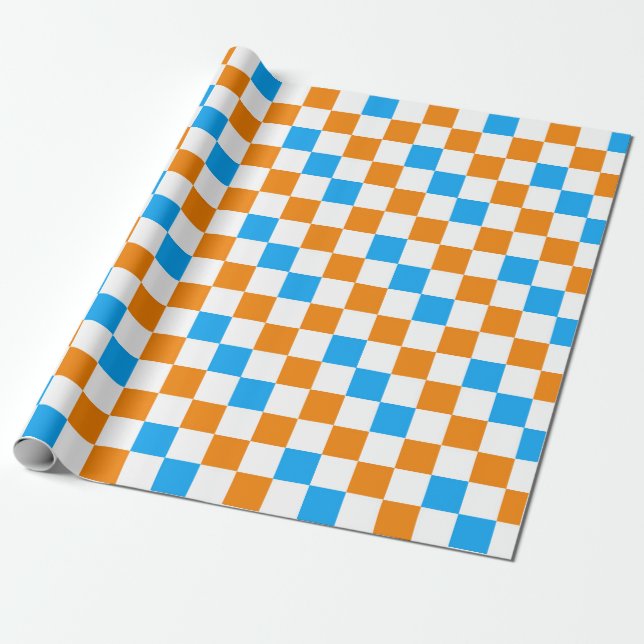 Oranges Weiß-Blau-Karo-Muster-Design  Geschenkpapier (Ungerollt)