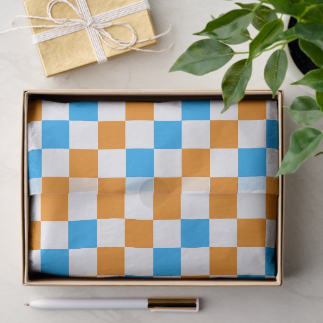 Oranges Weiß-Blau-Karo-Muster-Design  Seidenpapier (Geschenk)