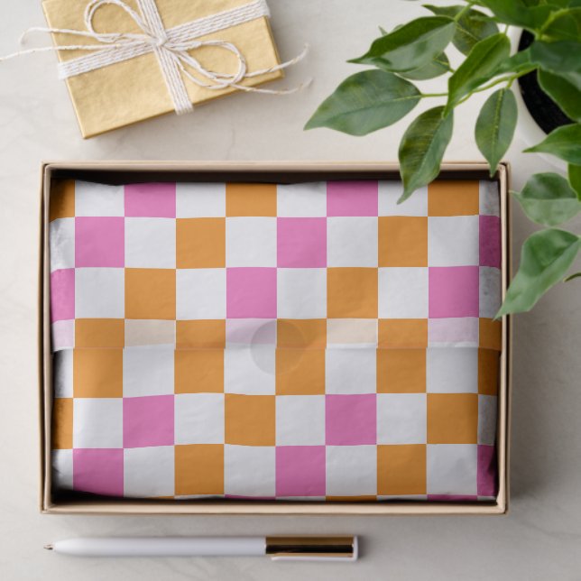 Oranges Weiß-Rosa Karomuster Design  Seidenpapier (Geschenk)