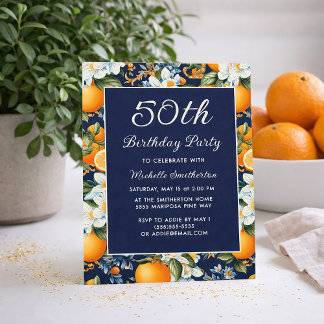 Oranges Weiße Blumen Navy Blau 50. Geburtstag Einladung