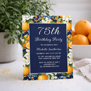 Oranges Weiße Blumen Navy Blau 75. Geburtstag Einladung