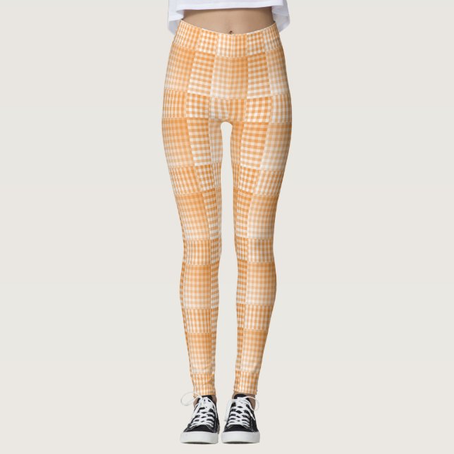 Oranges Weißes Schachbrett Abstract Muster Leggings (Vorderseite)