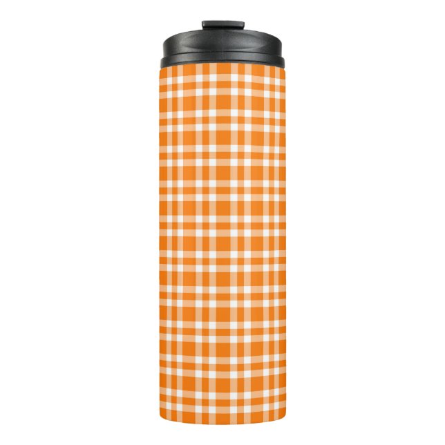 Oranges Weißkariertes Muster Thermosbecher (Vorderseite)