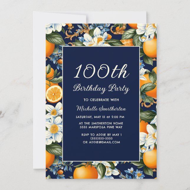 Oranges White Flowers Navy Blue 100th Birthday Einladung (Vorderseite)