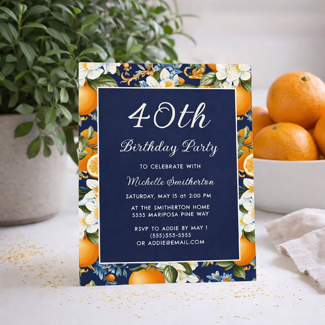 Oranges White Flowers Navy Blue 40th Birthday Einladung (Oranges on navy blue 40th birthday invitation)