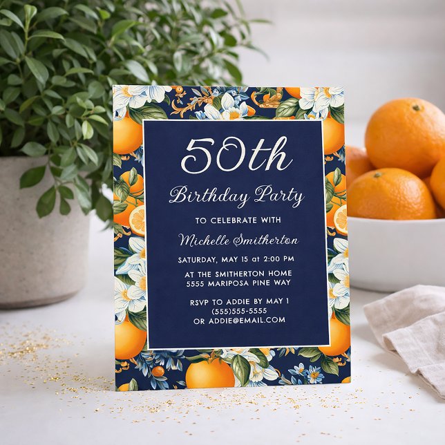 Oranges White Flowers Navy Blue 50th Birthday Einladung (Oranges on navy blue 50th birthday invitation)