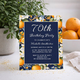 Oranges White Flowers Navy Blue 70th Birthday Einladung