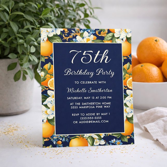 Oranges White Flowers Navy Blue 75th Birthday Einladung (Oranges on navy blue 75th birthday invitation)