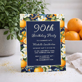 Oranges White Flowers Navy Blue 90th Birthday Einladung