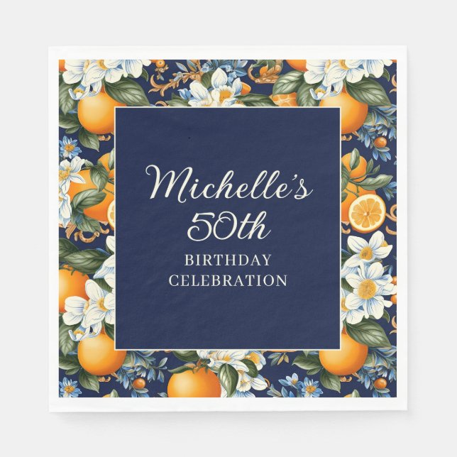 Oranges White Flowers Navy Blue Birthday Welcome Serviette (Vorderseite)