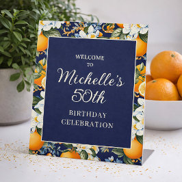 Oranges White Flowers Navy Blue Birthday Welcome Sockelschild
