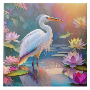 Orangeschnabeliger Weißer Reiher Fantasy-Vogel Fliese