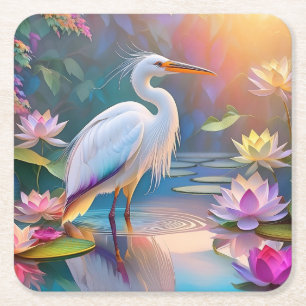 Orangeschnabeliger Weißer Reiher Fantasy-Vogel  Rechteckiger Pappuntersetzer