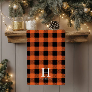 Orangeschwarzes Büffel-Karo-Monogramm-Weihnachten Geschirrtuch